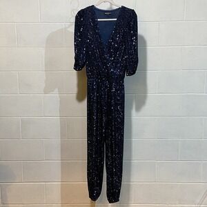 Generation Love Women's Madison Jumpsuit XS Navy Sequin V-neck 3/4 Sleeve Pocket